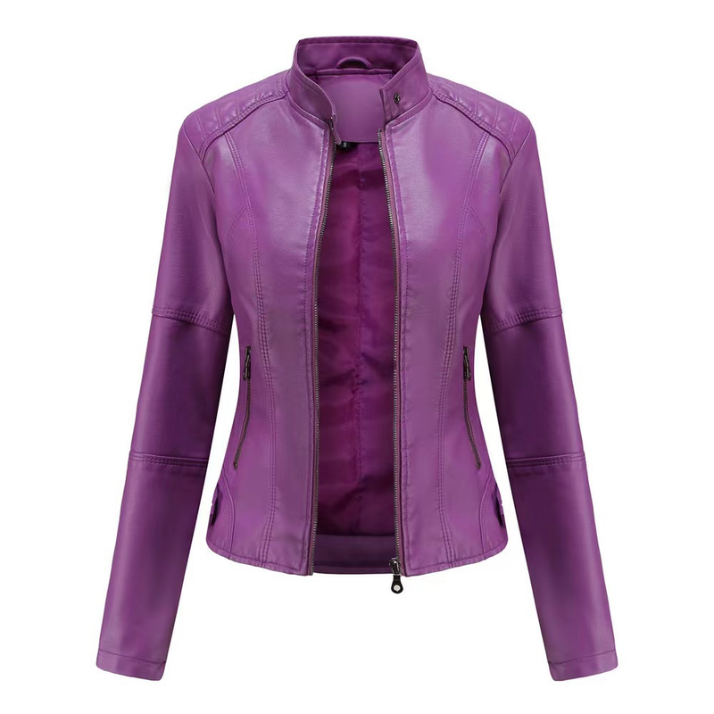 Women's Clothing slim motorcycle thin spring and autumn large size stand collar leather jackets_autovado.com