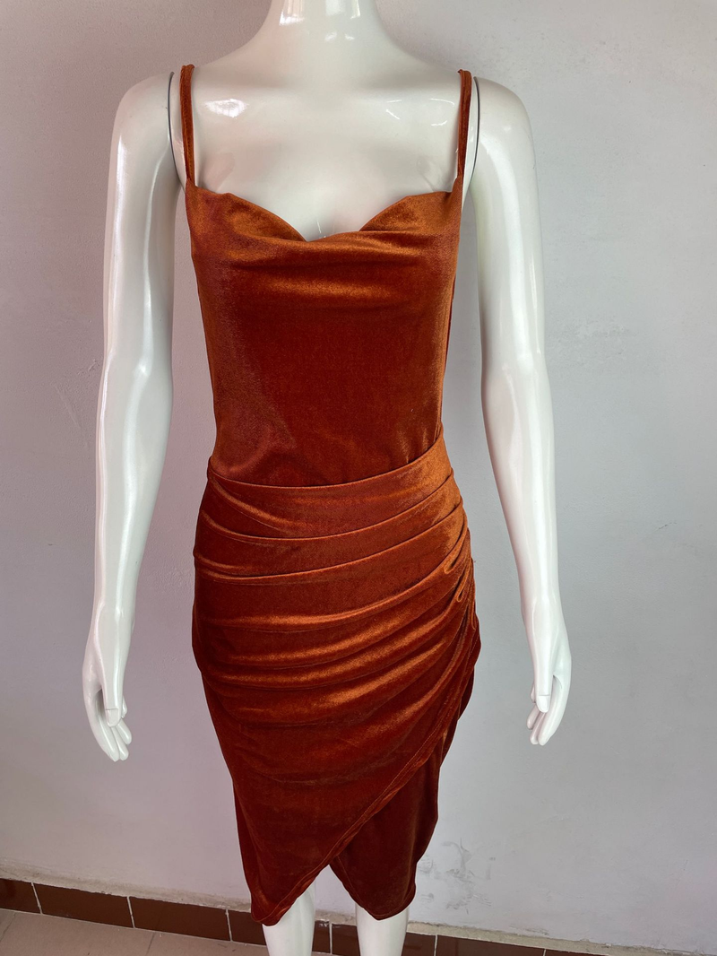 Women's temperament slit pleated velvet halter dress evening dress woman_autovado.com