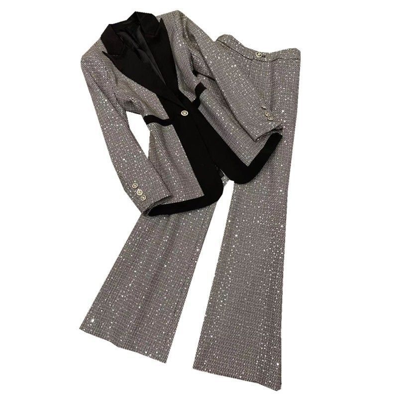 Women's Clothing large size women's plaid color matching suit women's spring new style temperament slim high waist flared pants_autovado.com