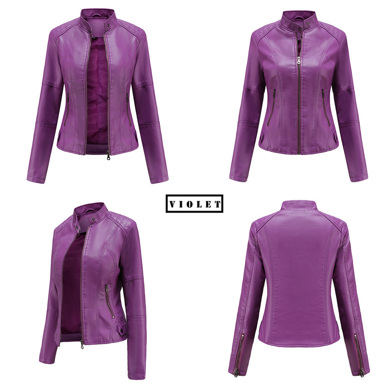 Women's slim jacket Jacket Women's biker jacket large size standing collar leather jacket_autovado.com