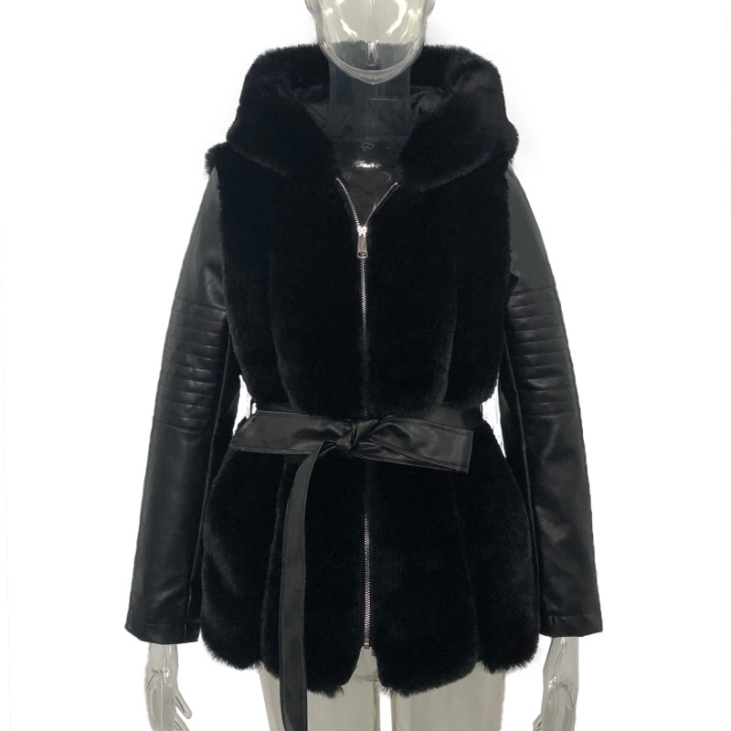Women's fur coat Women's belted hooded solid color zipper jacket_autovado.com