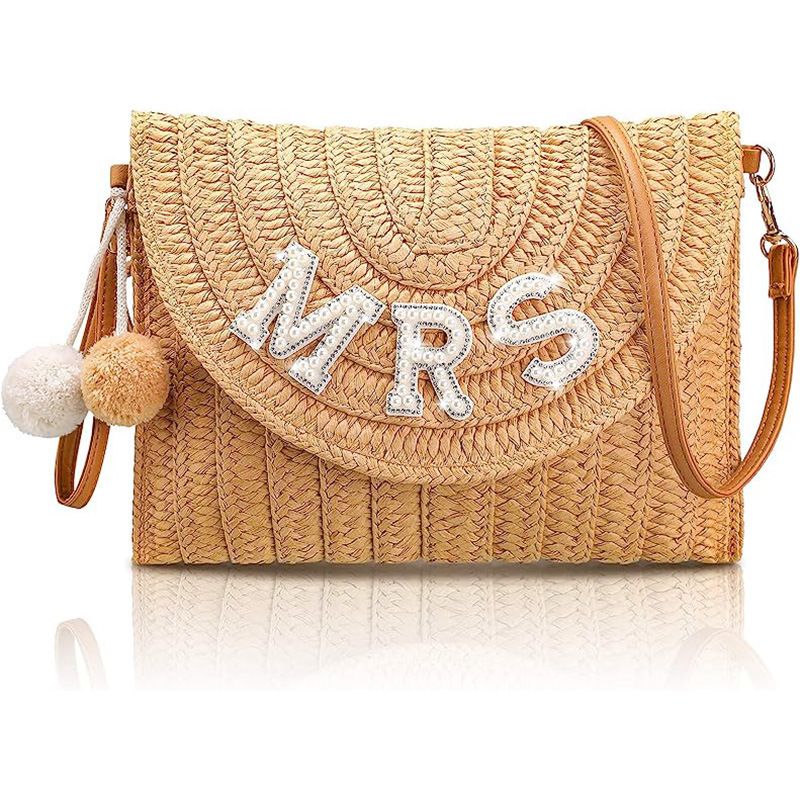 English letters BRIDE MRS WIFEY straw shoulder bag bachelorette party_autovado.com