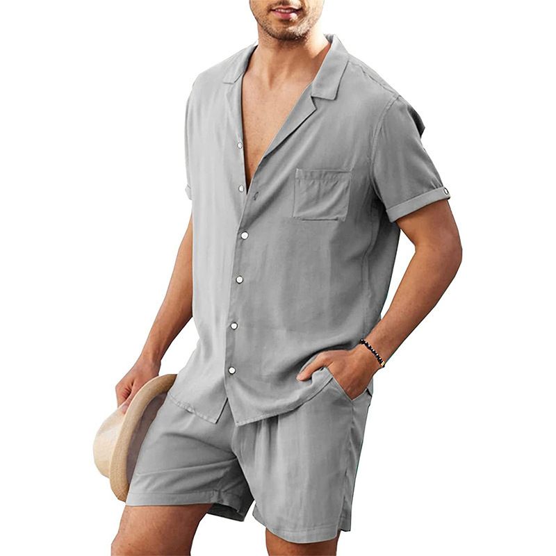 Men's Clothing Linen Short Sleeve Shirt Set Linen Summer Loose Casual Cotton Linen Cardigan Shirt Shorts_autovado.com