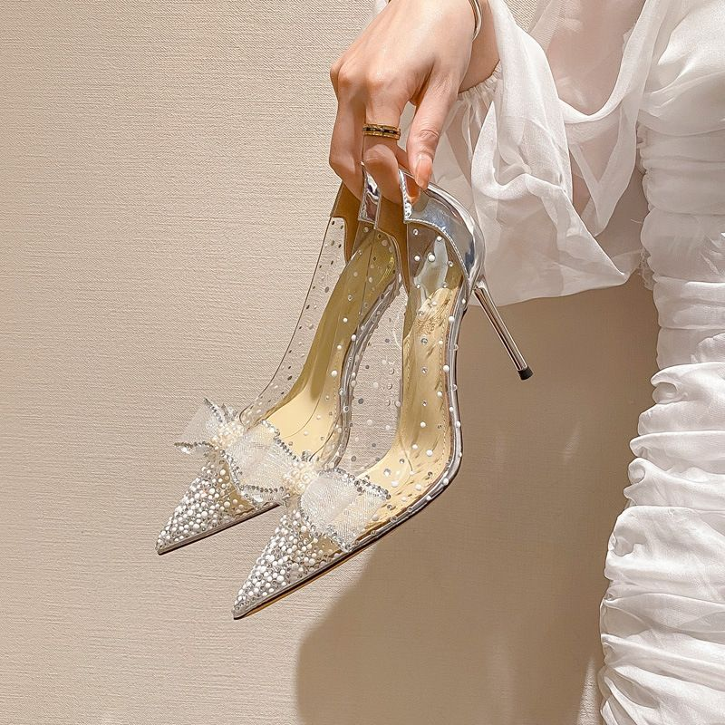 p7 with transparent bow 2023 summer women's shoes live broadcast on behalf of European and American slope heels stiletto_autovado.com