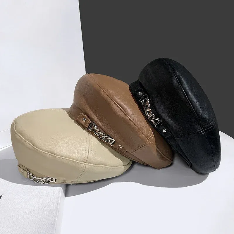 Hot Sale Vintage Women Solid Cap Pu Leather Chain Beret French Artist Warm Beanie Female Ladies All-Match Adjustable Hat_autovado.com