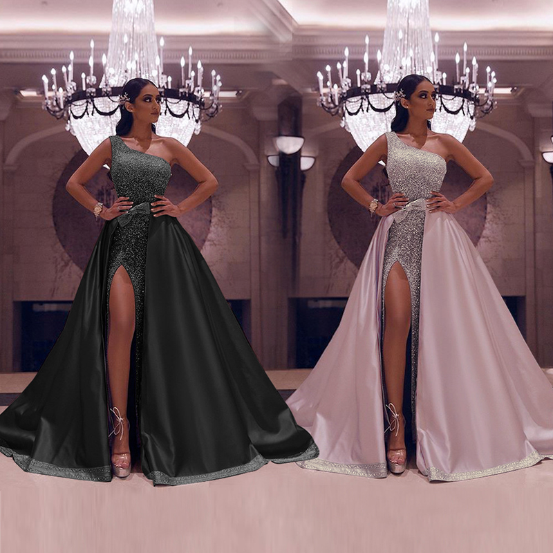 Women's clothing trade popular one-shoulder sequined floor-length long skirt evening dress_autovado.com