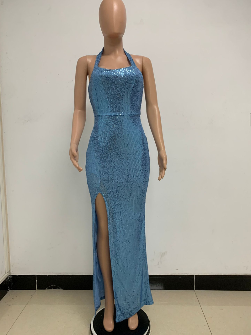 Women's slit sleeveless hot girl dress female halter neck backless sequin dress skirt_autovado.com