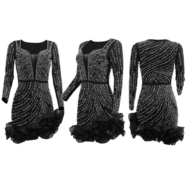 Women's Clothing Hot Diamond And Bubble Bead Dress Short Skirt For Women, Fashionable Long Sleeves And Square Collar_autovado.com