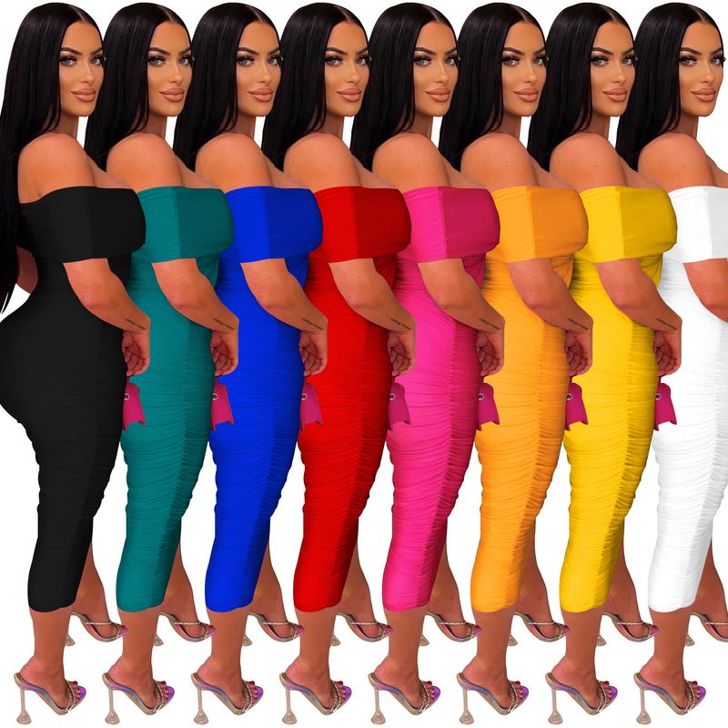 Women's solid color pleated sleeveless long skirt tube top dress_autovado.com