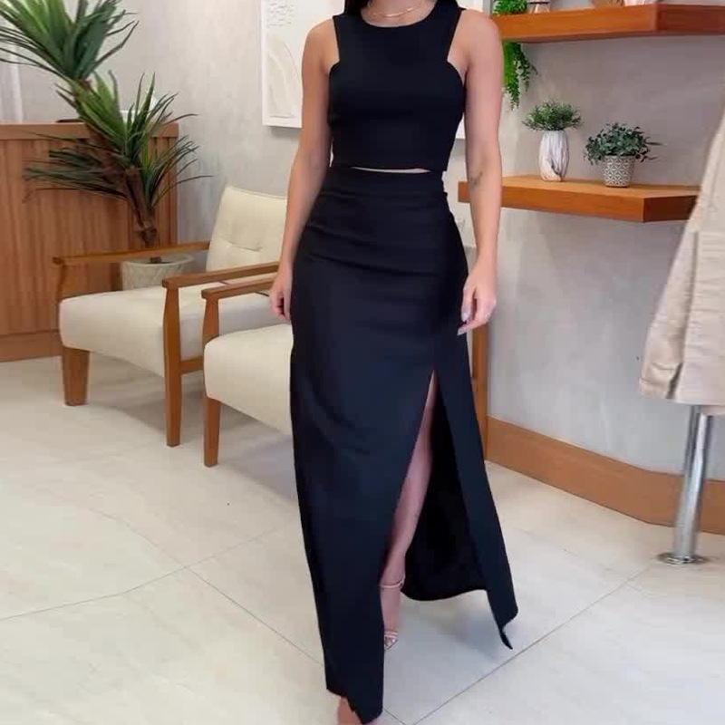 Women's Solid Color Round Neck Sleeveless Top High Waist Slit Skirt Suit_autovado.com