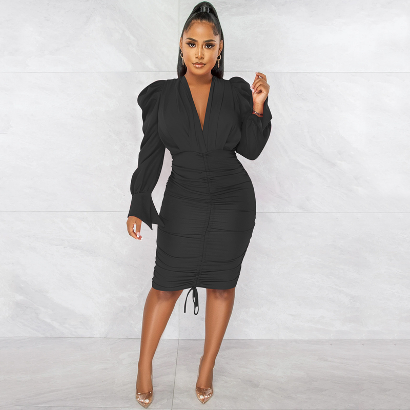 Women's Clothing fashion casual solid color long-sleeved pleated V-neck dress for women_autovado.com