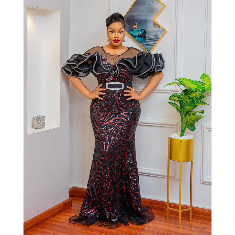 Rose-shaped Sequins Slim Mermaid Evening Dress Long Skirt One-shoulder Lotus Leaf Luxury Women's Clothing_autovado.com