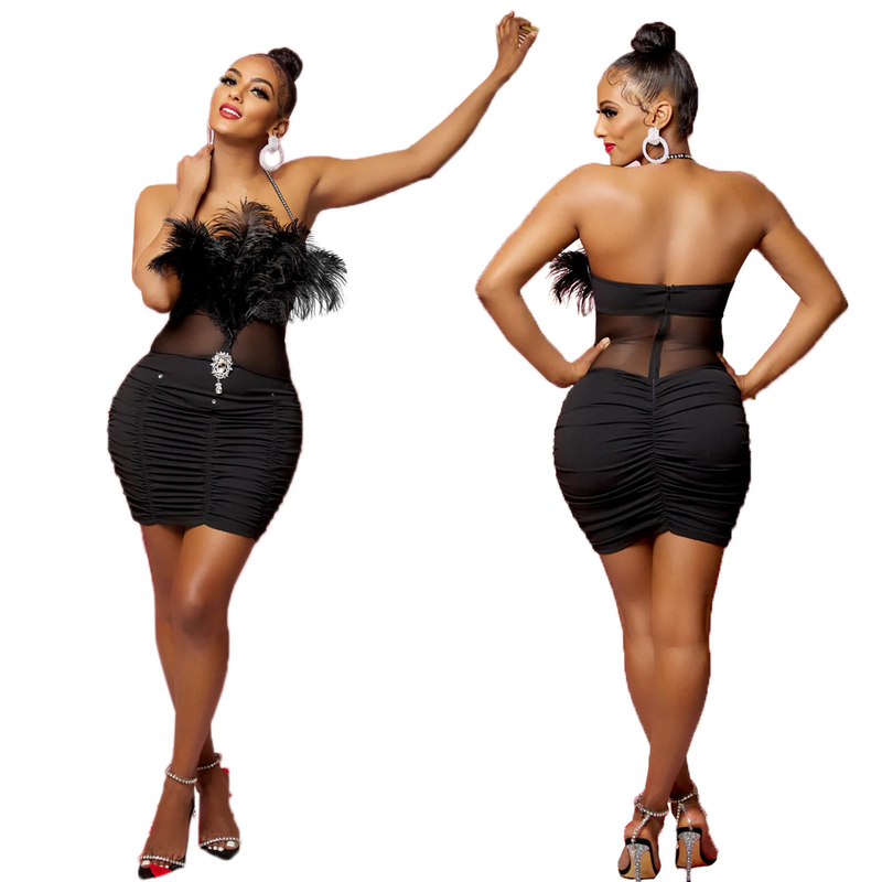 Women's solid color feather tube top sleeveless short skirt dress_autovado.com