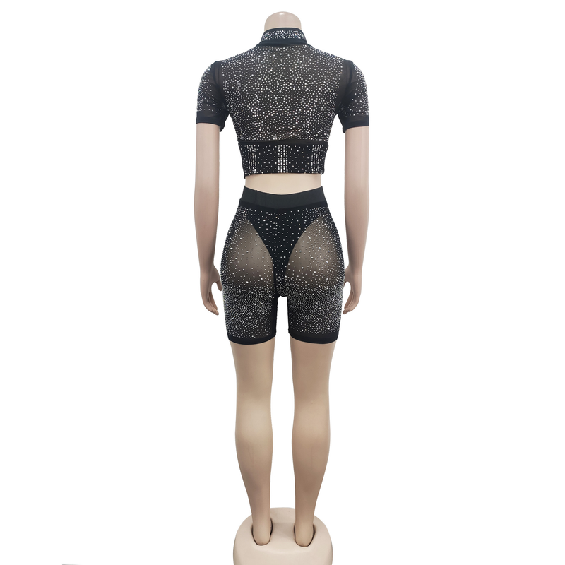 Women's Clothing fashion women's solid color mesh hot diamond short-sleeved shorts two-piece set_autovado.com