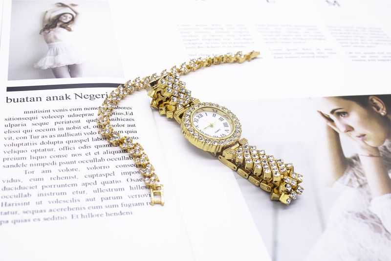 Women's bracelet watch set fashion gold full diamond steel band watch_autovado.com