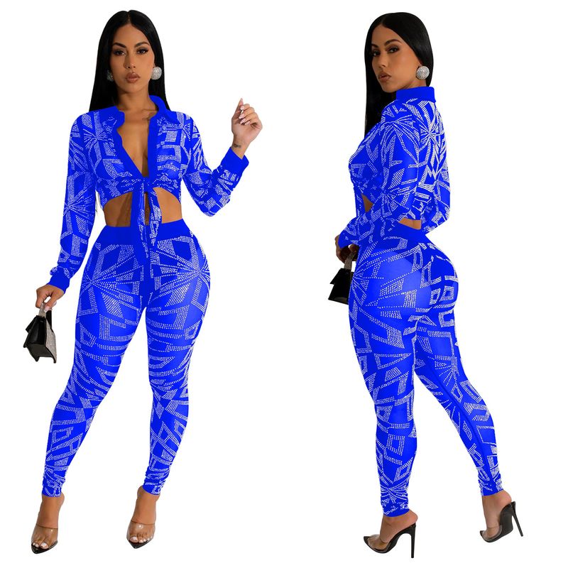 Women's Clothing fashion women's solid color mesh hot diamond long-sleeved trousers two-piece set_autovado.com