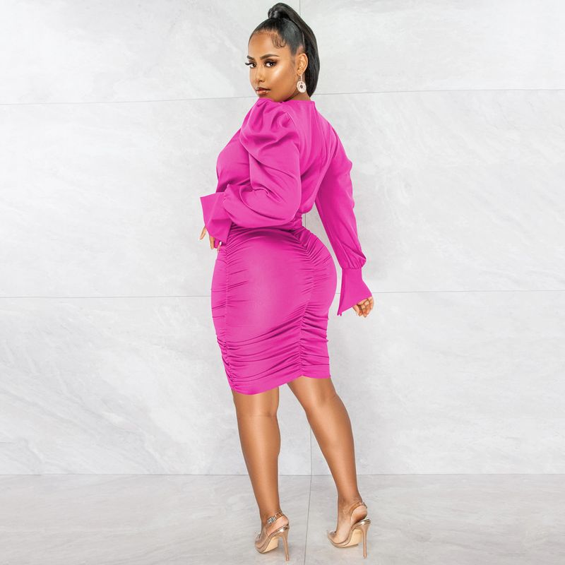 Women's Clothing fashion casual solid color long-sleeved pleated V-neck dress for women_autovado.com