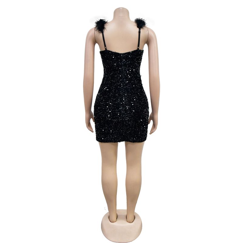 Women's solid color feather sequin sleeveless short skirt dress_autovado.com