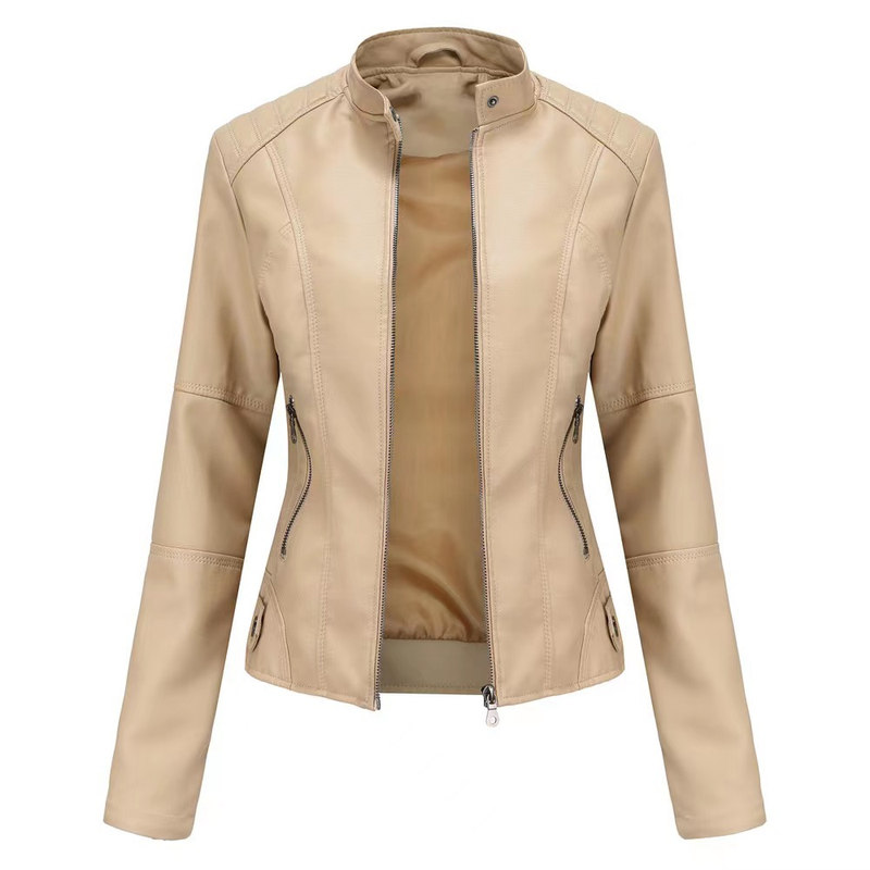 Women's Clothing slim motorcycle thin spring and autumn large size stand collar leather jackets_autovado.com