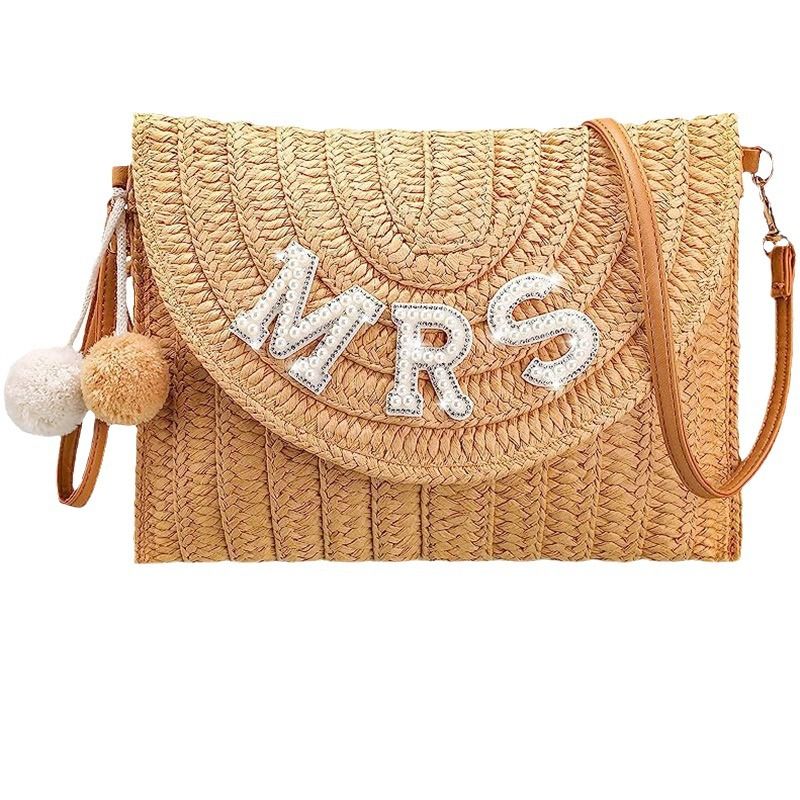 English letters BRIDE MRS WIFEY straw shoulder bag bachelorette party_autovado.com