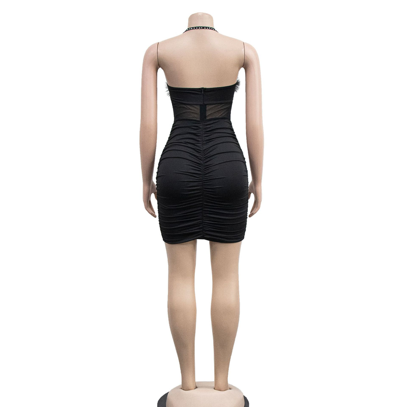 Women's solid color feather tube top sleeveless short skirt dress_autovado.com