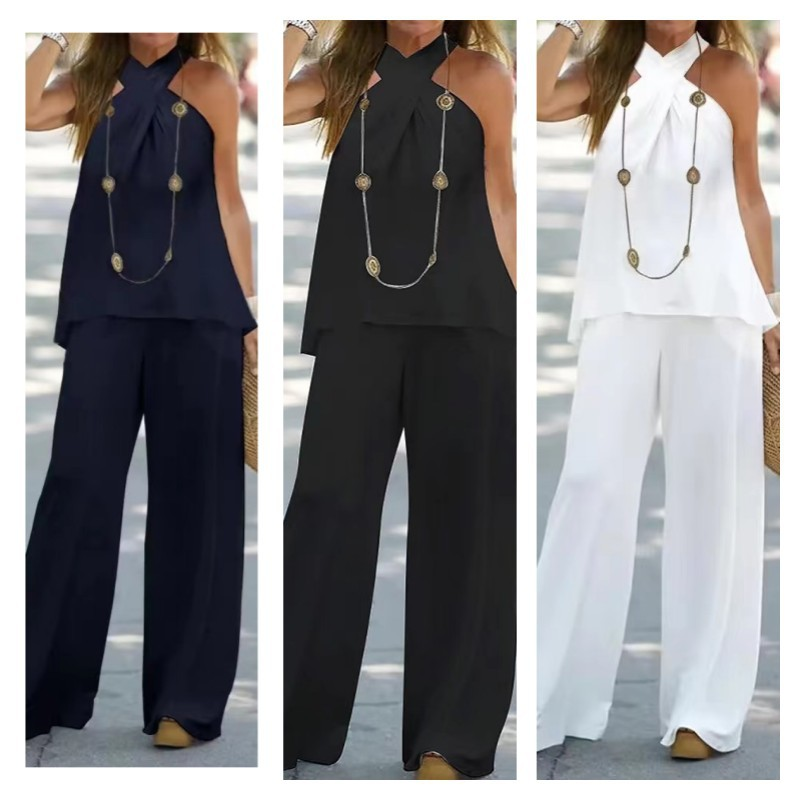 Women's new fashion casual backless solid color sleeveless suit wide-leg pants two-piece suit_autovado.com