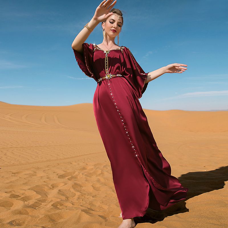 Women's clothing Burgundy off-shoulder hand-stitched diamond design dress Middle Eastern party holiday gift_autovado.com