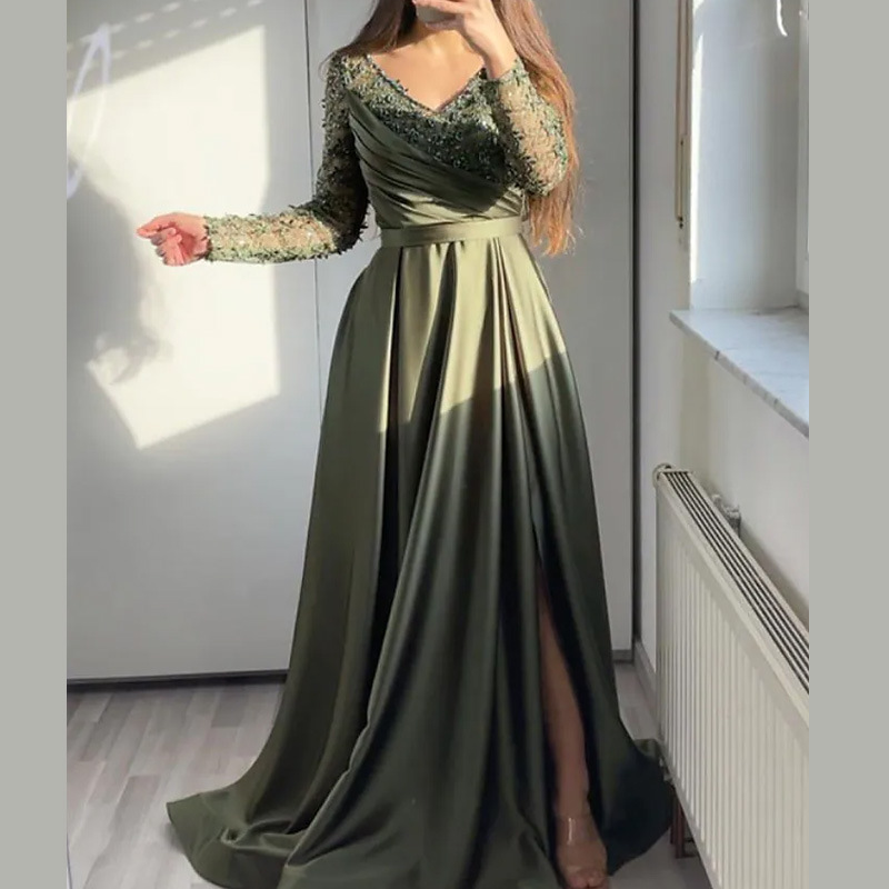 Women's dress chest ruffled red black green mid-waist solid color lace long skirt dress evening gown_autovado.com