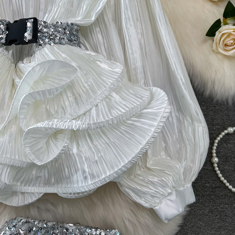 Women's fashion set female socialite temperament lantern long sleeve V-neck lotus leaf bright face shirt women's high waist sequin skirt_autovado.com