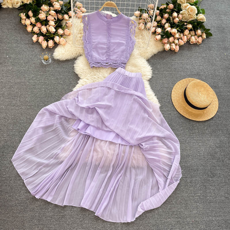Women's fashion high-waisted lean pressed chiffon skirt two-piece set_autovado.com