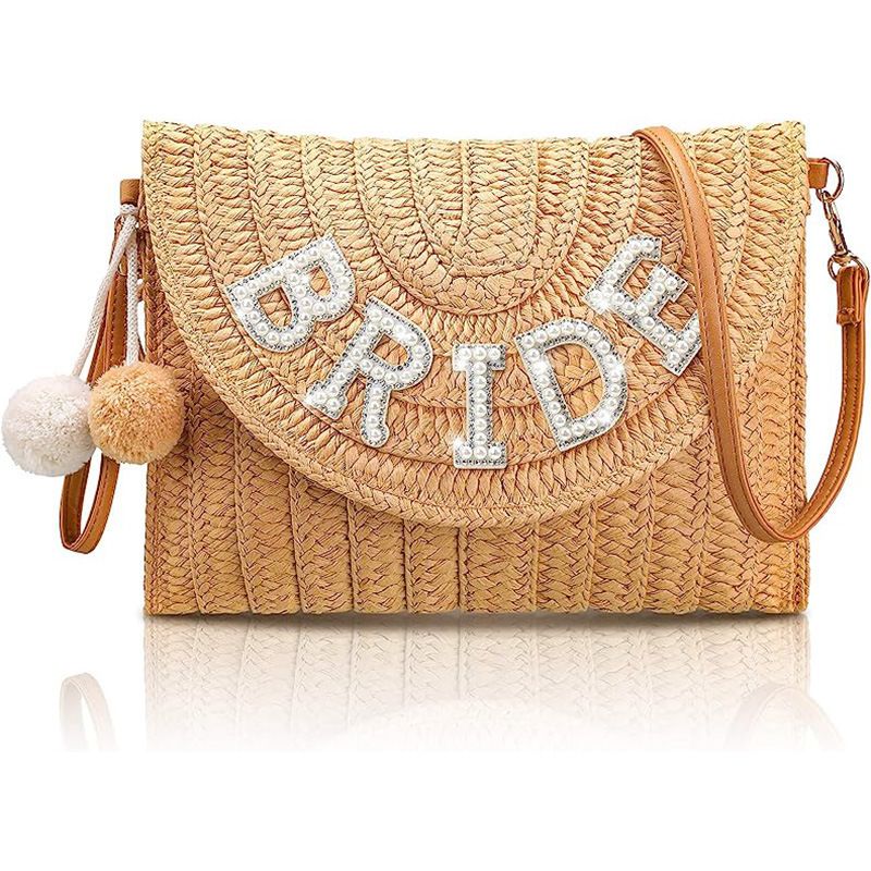 English letters BRIDE MRS WIFEY straw shoulder bag bachelorette party_autovado.com