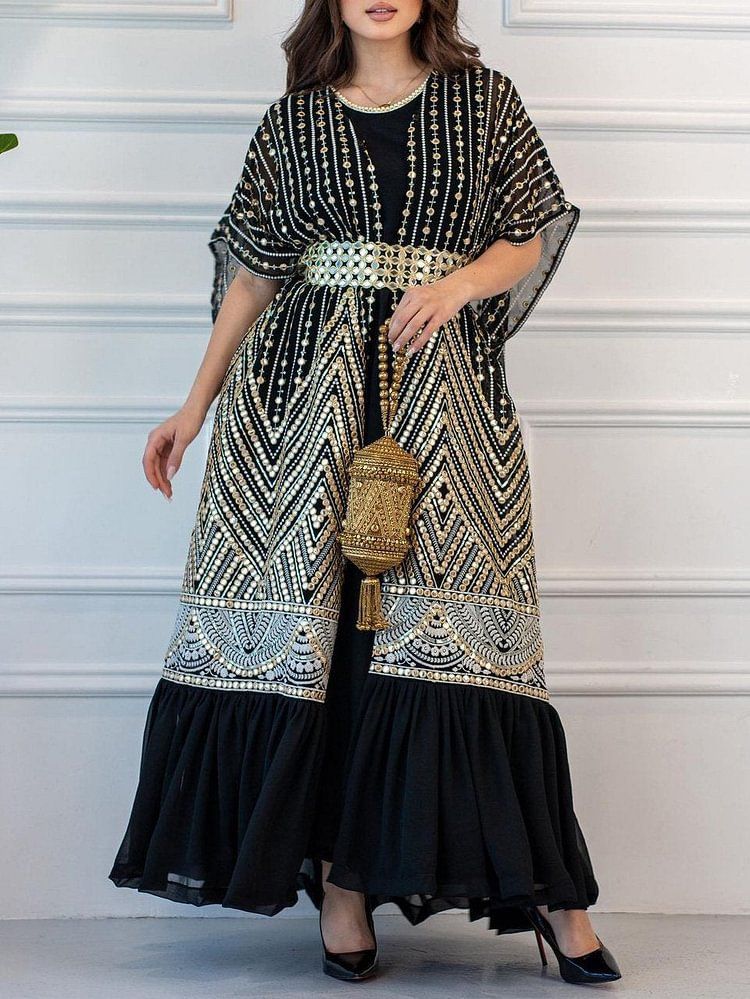 Women's printing fashionable urban casual bat-sleeve pleated vest printed with belt two-piece set_autovado.com