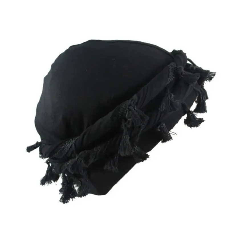 Hot Sale 2024 Men Punk Burr Trim Twisted Tail Fringe Cotton Bandana Hop Turban Hats Head Wrap Beanie Cap Solid Color Docker Hat_autovado.com