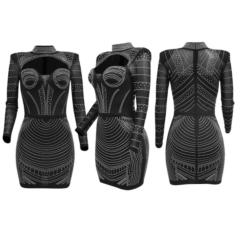 Women's Clothing round neck long-sleeved dress with hollow design on the chest and rhinestone hip party dress_autovado.com