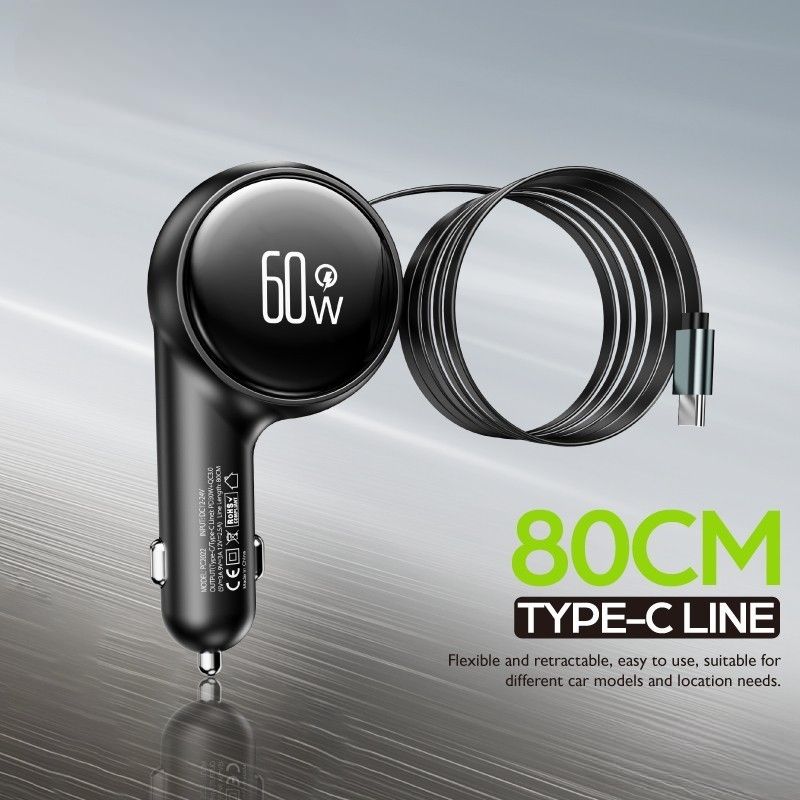 In Car 60W Type C Fast Charger With Retractable Cable_autovado.com