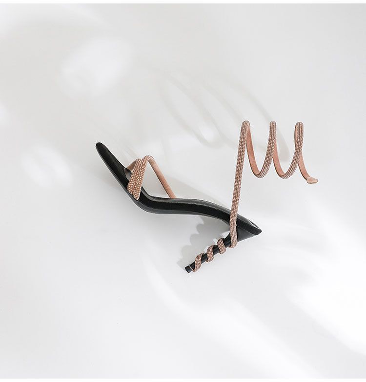 Women's fashion black gold open-toed serpentine loop sandals with fine heels and high heels_autovado.com