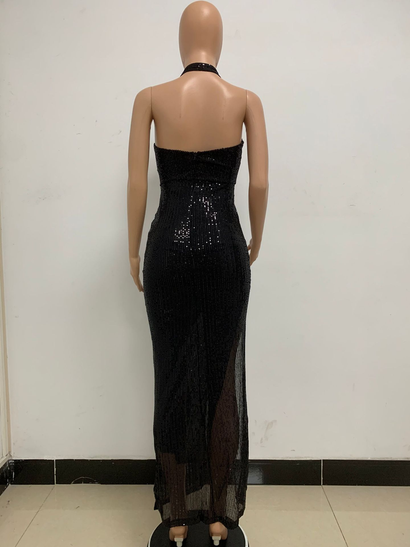 Women's slit sleeveless hot girl dress female halter neck backless sequin dress skirt_autovado.com