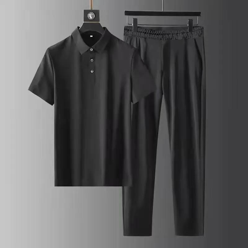 2 Pcs/Set Mens Sets Short Sleeve Seamless Casual Straight Loose Summer Wide Leg Top Trousers Set Men Track Suit_autovado.com