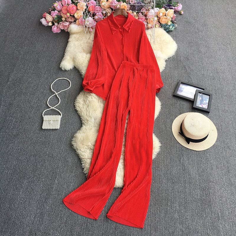 Women's Fashion Clean Color Shirt Two-piece Set Of High Waist Vertical Vertical Wide Leg Pants_autovado.com