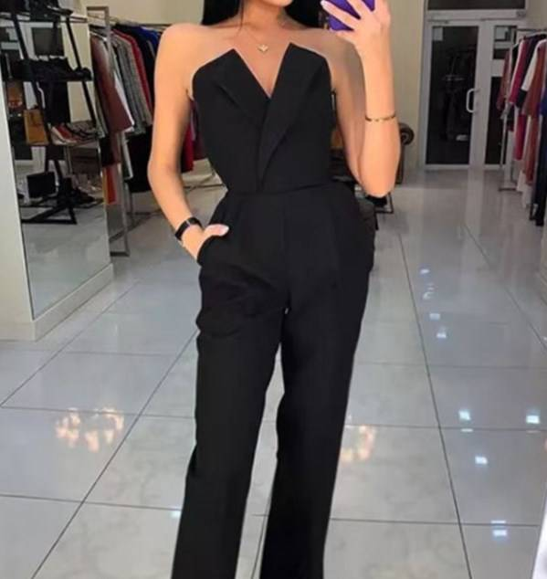 Women's spring and summer solid color splicing slim fit one-piece sleeveless long-sleeved one-shoulder jumpsuit_autovado.com