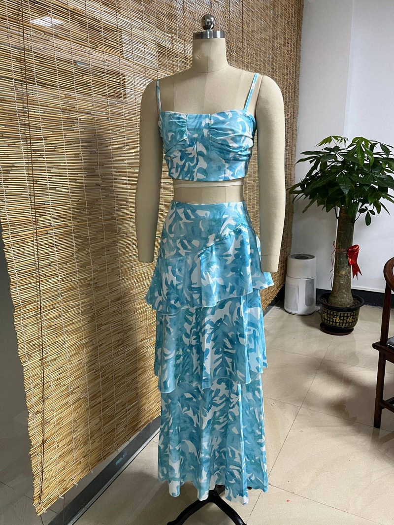 Women's clothing new suspender chest wrap printed sleeves backless tops slit two piece set_autovado.com