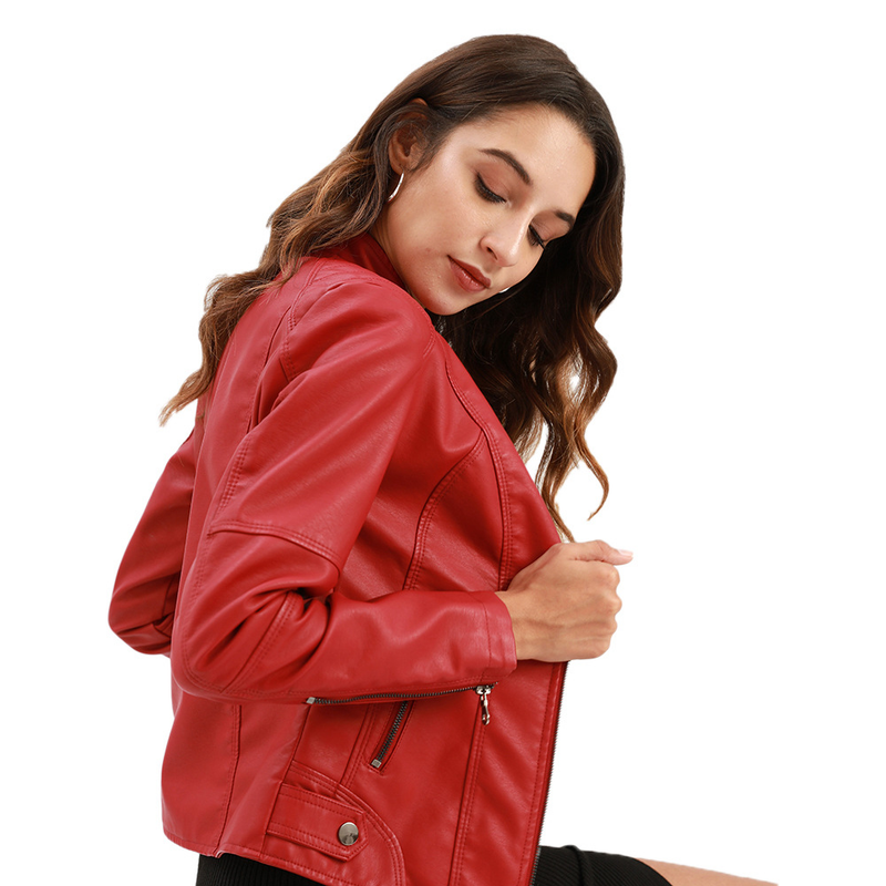 Women's slim jacket Jacket Women's biker jacket large size standing collar leather jacket_autovado.com