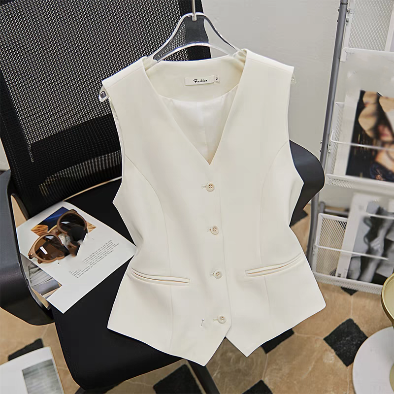 Women's Clothing fashion waist short vest jacket in summer high-end temperament V-neck white suit vest_autovado.com