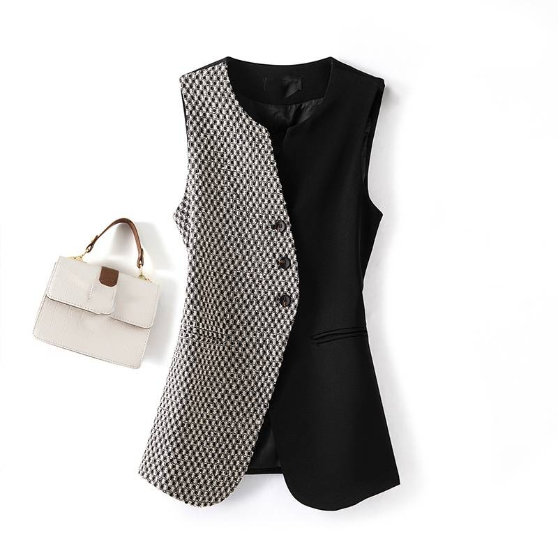 Women's Clothing round neck vest new design slim fit plaid vest outer wear waistcoat _autovado.com