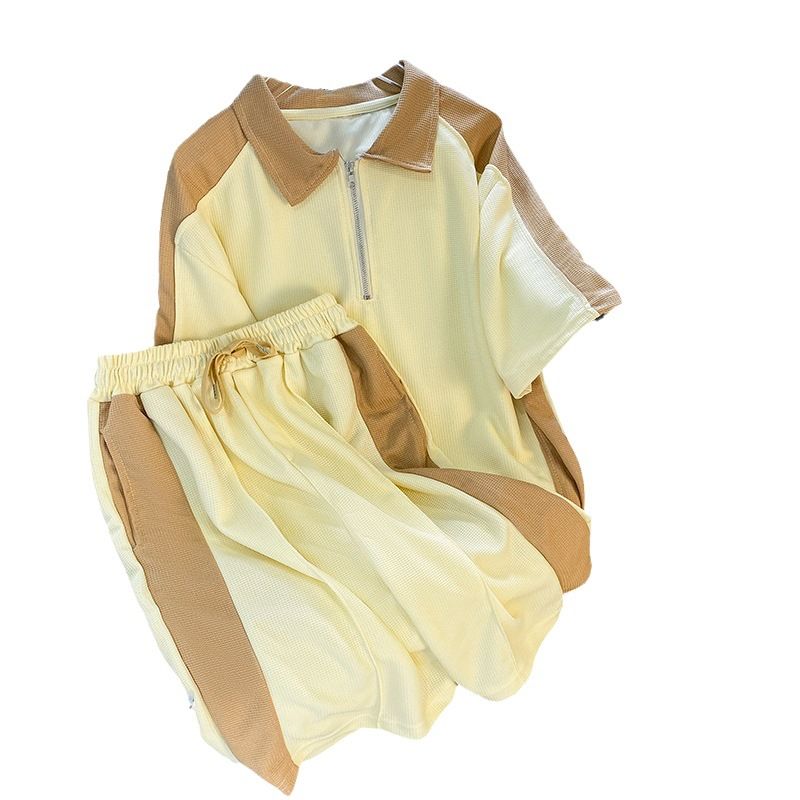 Men's Clothing Waffle sports suit summer men's clothing color matching lapel short sleeved T shirt set with handsome casual shorts_autovado.com