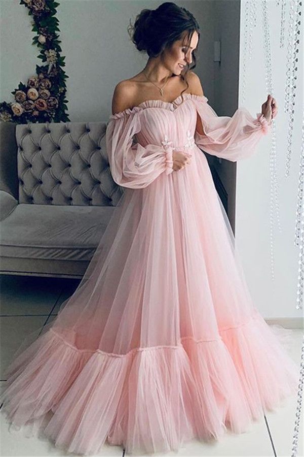 Women's 2023 off-the-shoulder mesh long sleeve wedding dress large hem dress Bridal Wear_autovado.com