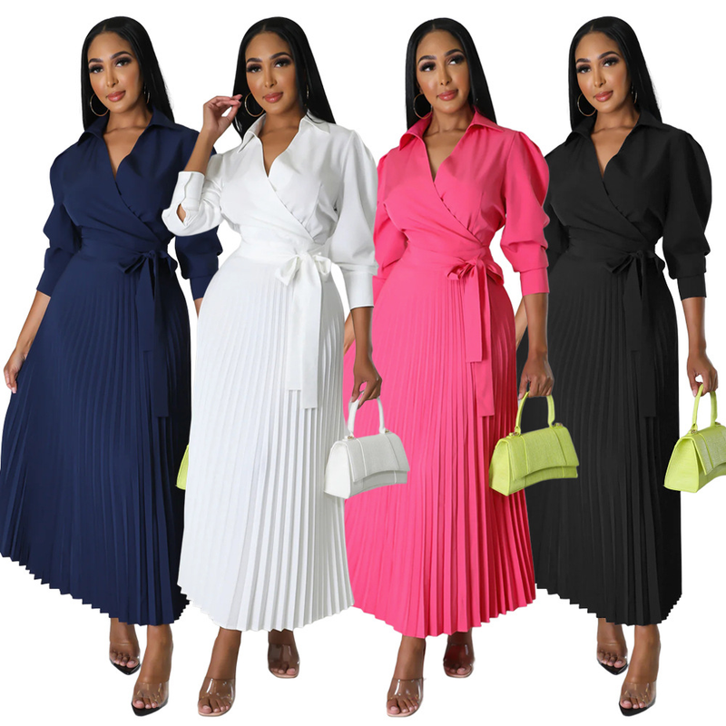 Long sleeved Polo collar high waist fashion casual pleated women's dress_autovado.com