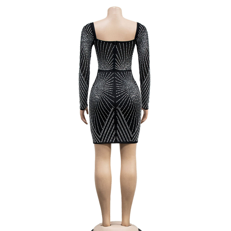 Women's solid color mesh rhinestone long-sleeved short skirt dress_autovado.com