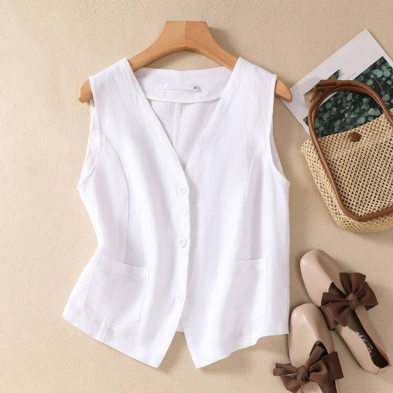 Women's Clothing new fashion short cotton and linen vest single layer vest retro casual ladies sleeveless cardigan top_autovado.com