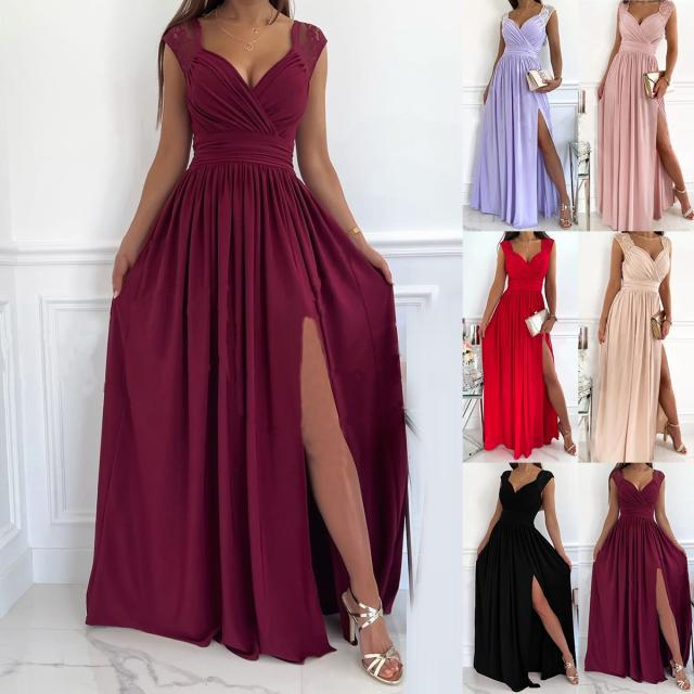 Women's Christmas Sleeveless Lace Halter Dress With A Slit_autovado.com